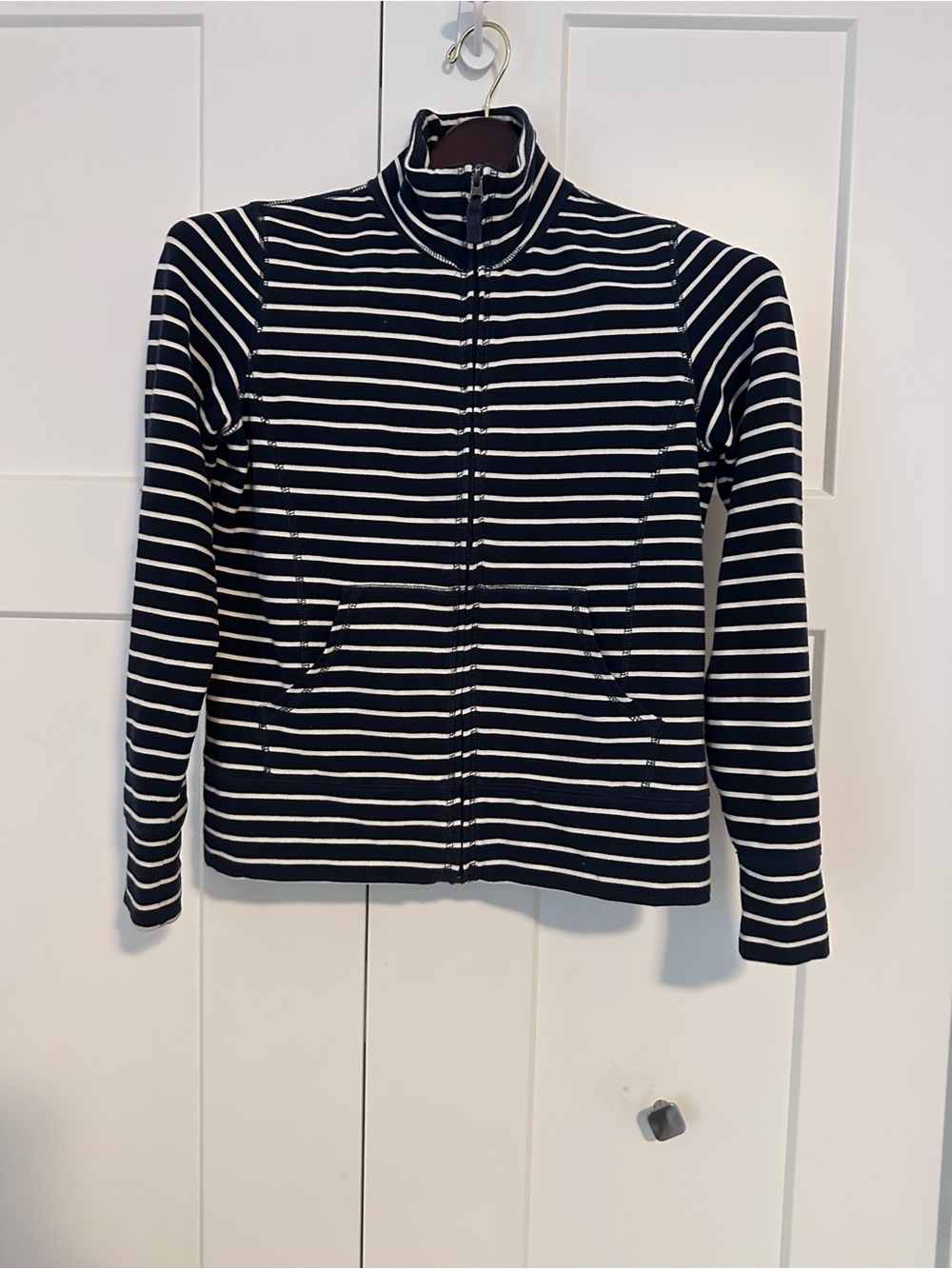 LL Bean Navy and White Striped Ultrasoft Sweats Zip-Up Mock Neck Jacket XSP